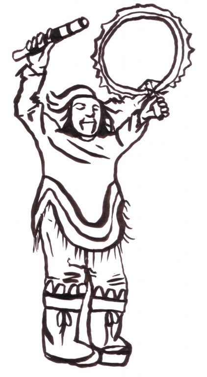 An Inuit playing a drum, drawn by Teva Harrison