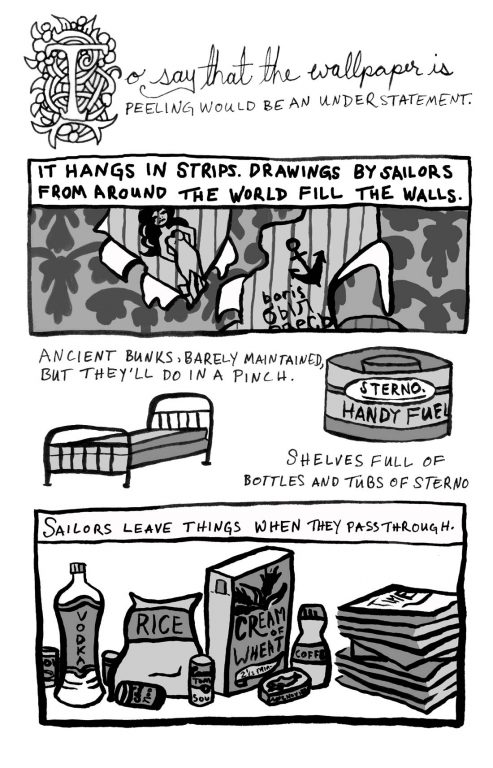 A comic detailing the interior of a salior's hut, drawn by Teva Harrison