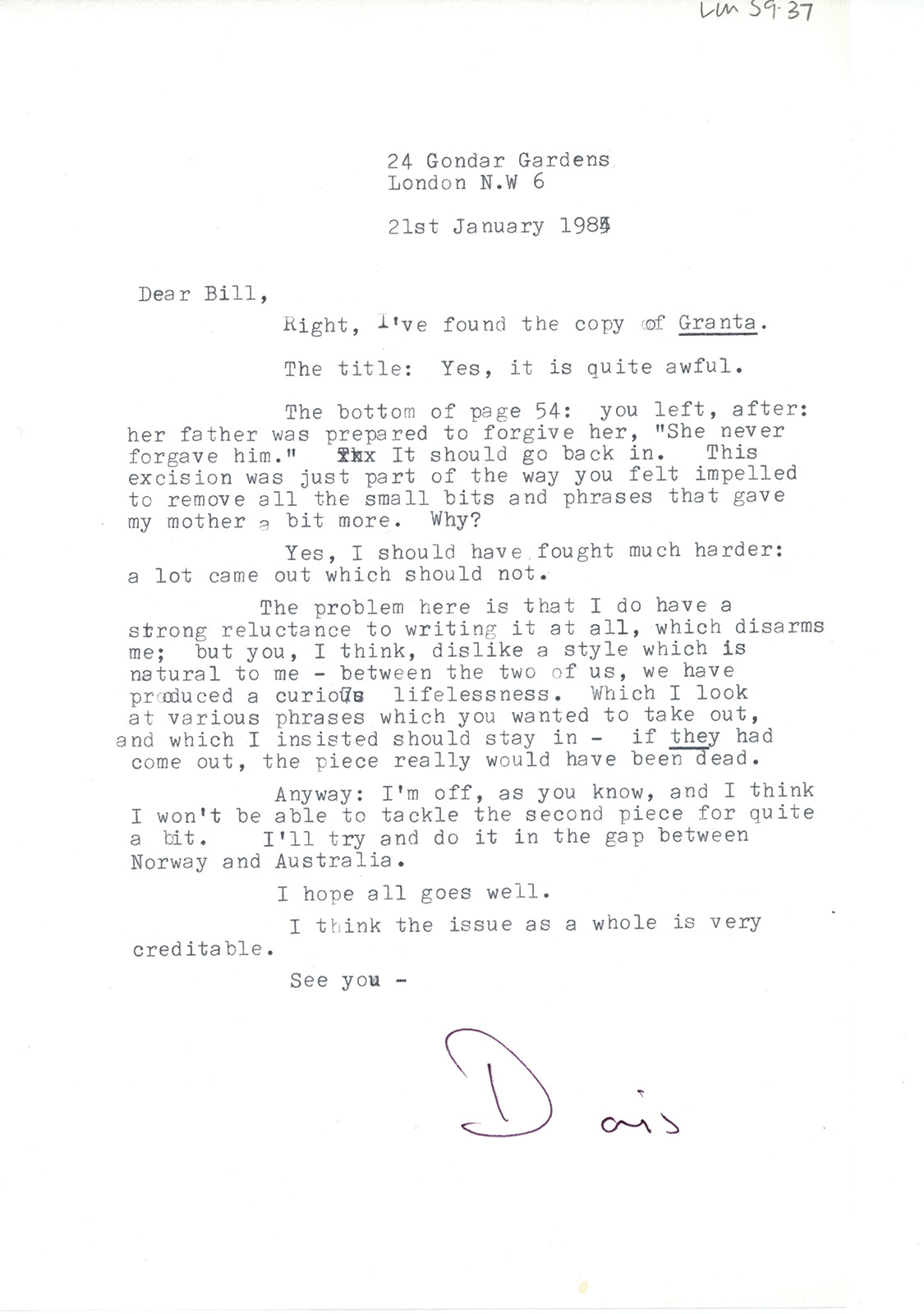 Doris Lessing letter